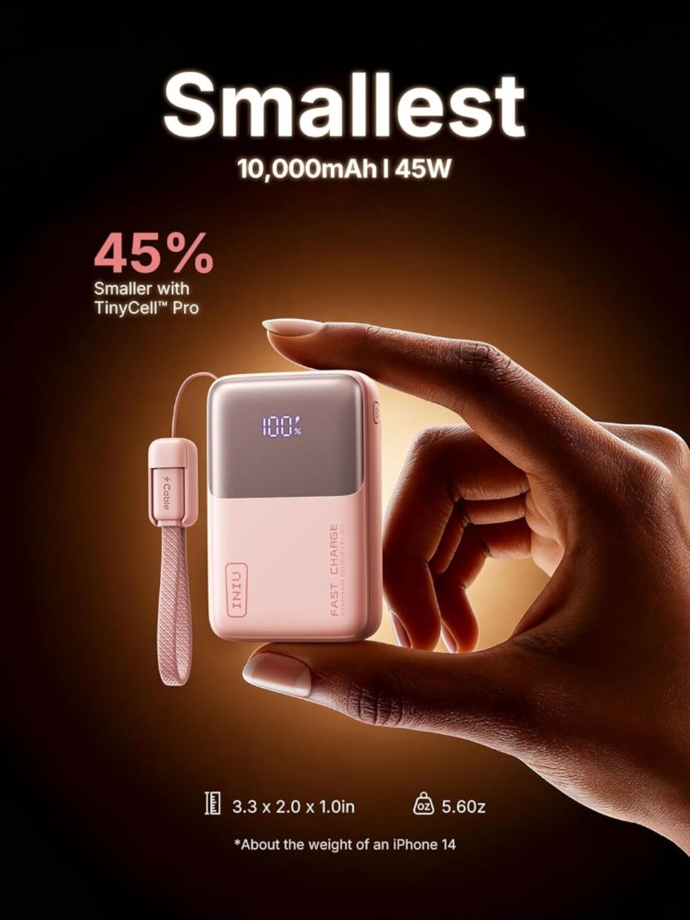 INIU 10000mAh 45W Ultra Mini Portable Charger Power Bank with Cable - Pink - Picture 6 of 7
